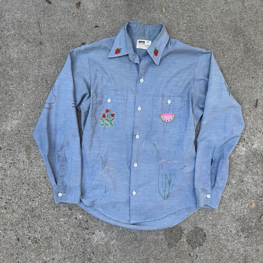 Vintage Montgomery Ward Chambray Shirt Embroidered 70s Small Blue